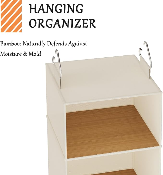Hanging Closet Organizer and Storage with Bamboo Shelves - Foldable Storage for Clothes, Towels, Accessories | Space Saving, No Assembly Needed (Beige)