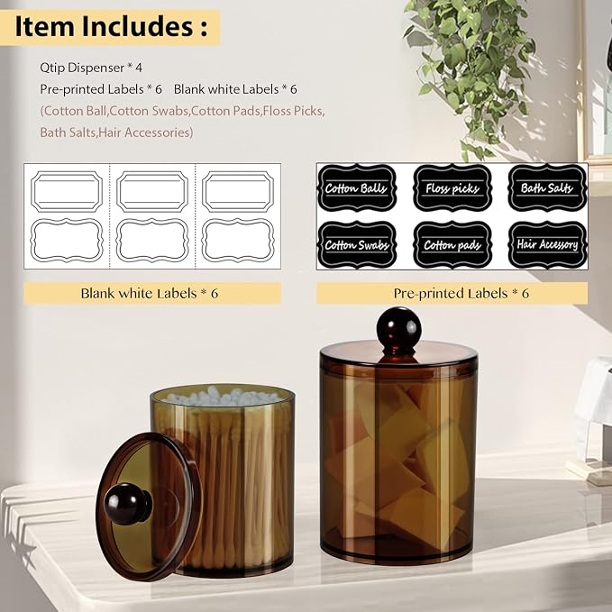 SheeChung 4 Pack Qtip Holder, Amber Acrylic Apothecary Jars for Bathroom | (2) 15oz & (2) 12oz Qtip Holder Set - Shatterproof Bathroom Vanity Organizer for Cotton Swabs,Balls,Pads -Farmhouse Decor