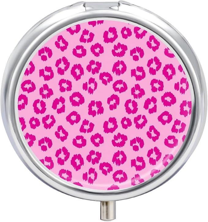 Travel Pill Container, Pink Leopard Print Round Metal Organizer, 3-Section Case for Medicine, Pocket Purse Dispenser for Business Travel