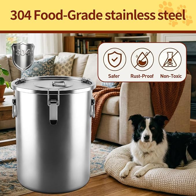 304 Stainless Steel Dog Food Storage Container, 25LB/30LB Airtight Pet Food Container with Locking Lid & Silicone Seal, Large Metal Food Storage Bin for Dry Dog/Cat Food, Rice, Flour (25 LBS)