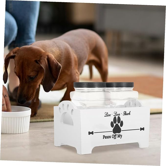 Yardwe Wooden Dog Food Storage Box with Two Airtight Jars, Pet Treat Organizer Bin for Home Use, White Solid Wood Snack Crate for Dog Food and Pet Accessories