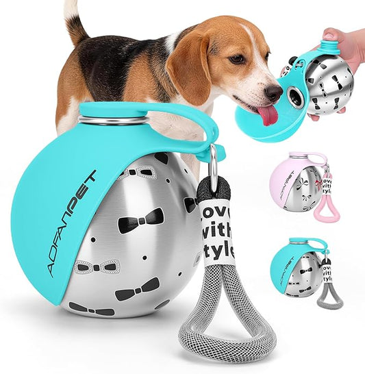 Portable Dog Water Bottle 10oz Stainless Steel Travel Dog Water Dispenser with Bowl No-Spill Puppy Water Bottle for Walking Hiking Small Dog Water Bottle (Blue Bow Print)