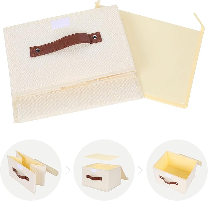 ANMINY Fabric Storage Box Bins with Lids, Beige, 10"x8"x7" | Keepsake Memory Storage, Cotton Linen, PP Board Reinforced, Washable, PU Handles, Foldable & Stackable, Decorative, Small