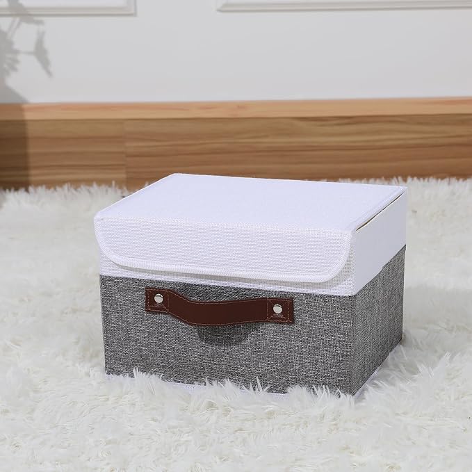 ANMINY Fabric Storage Box Bins with Lids, Gray White, 13"x9"x7.9" | Keepsake Memory Storage, Cotton Linen, PP Board Reinforced, Washable, PU Handles, Foldable & Stackable, Decorative, Medium