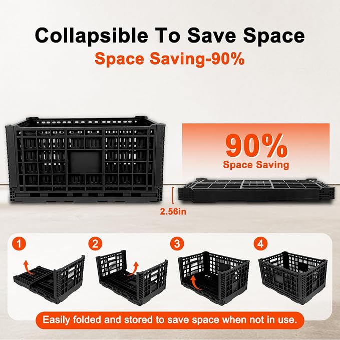 72L Collapsible Milk Crate with Handles, | Large Plastic Crate, Heavy Duty Folding Storage Crates for Home Organizing, Tools, Books, Camping & Transport