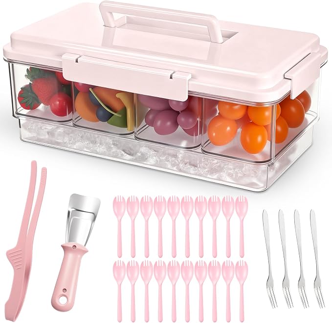 Chilled Condiment Caddy with Handle 4 Containers Taco Bar Serving set for a Party 1 Tong, 1 Ice Scraper, 4 Metal Forks, 20 Spoons for Mimosa Bar Supplies Accessories(Pink)