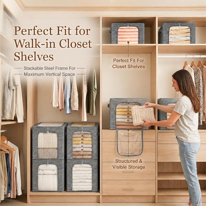 GoMaihe Clothes Storage Bins with Metal Frame for Closet, 40L 6-Pack Grey | Sweaters Hoodies Jeans T-Shirt, Closet Top Shelf Organizer, Steel Frame Collapse-Proof, Stackable, Clear Window, Dual Access