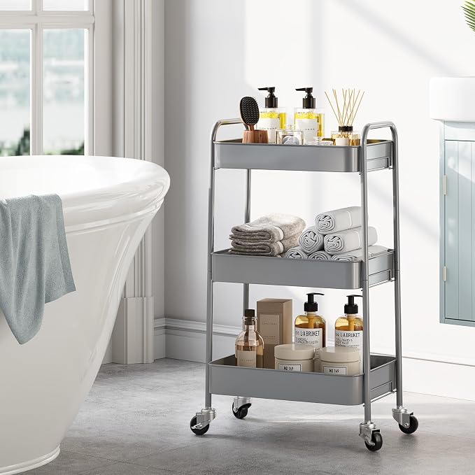 TOOLF 3 Tier Metal Rolling Cart, Utility Storage Cart with Wheels, Grey | Screwless Assembly, Lockable Metal Wheels, Trolley Organizer for Bathroom, Kitchen, Office, Dorm, Laundry, Craft Room