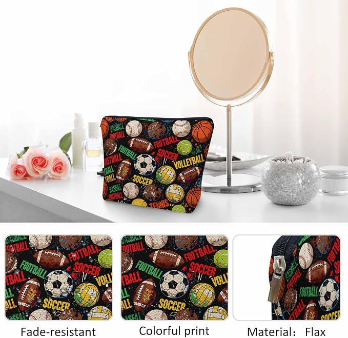 Woman Makeup Bag Sports Balls, Baseball Soccer Basketball Game Makeup Bags Travel Cosmetic Bags Toiletry Makeup Organizer Pencil Pouch Make Up Cosmetic Bag For Owners Lady Birthday Gifts