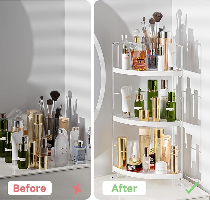 3-Tier Corner Shelf Bathroom Counter Organizer, White | Multi-Space Storage Tray, Holds Spices, Cosmetics, Lotion, Space-Saving for Sink, Vanity and Kitchen