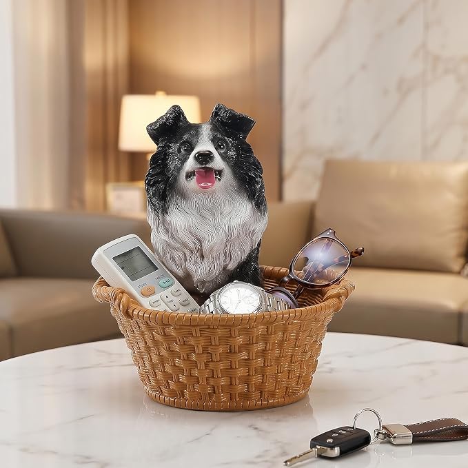 Cute Border Collie Candy Bowl, Resin Dog Figurine Key Bowl for Entryway Table, Desktop Storage Basket Organizer for Desk, Unique Dog Lover Gift