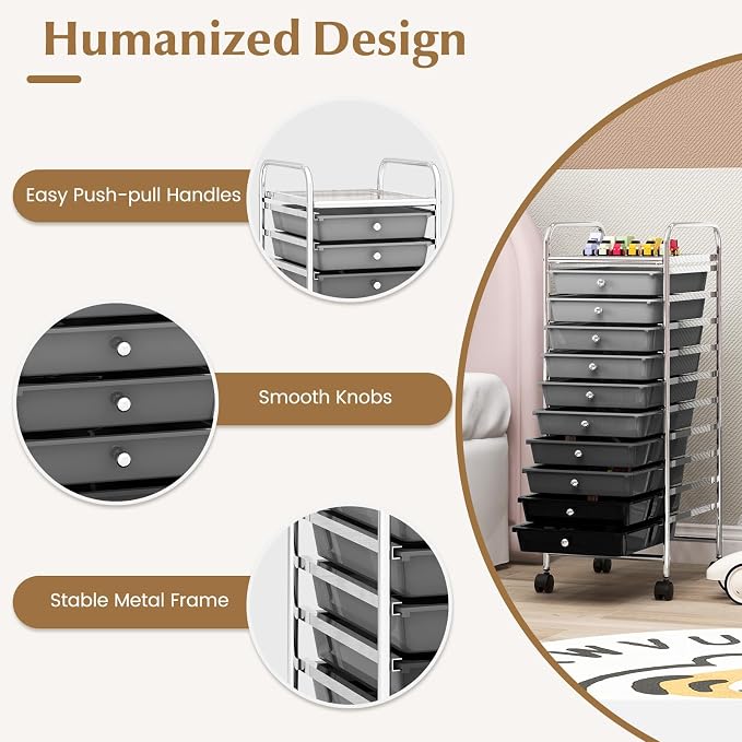 10 Drawer Rolling Storage Cart, Organization Cart with Drawers for Craft Makeup Paper Tool Art Supply, Versatile Utility Cart on Wheels for Home Office Classroom School (Gradient Gray)