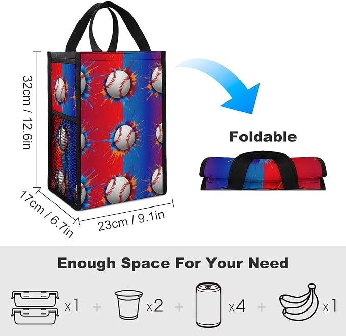 Portable Insulated Lunch Bag Thermal Lunch Organizer Reusable Cooler Tote Bags Compatible with Paint Splash Ink Baseball Lunchbox for Travel Office
