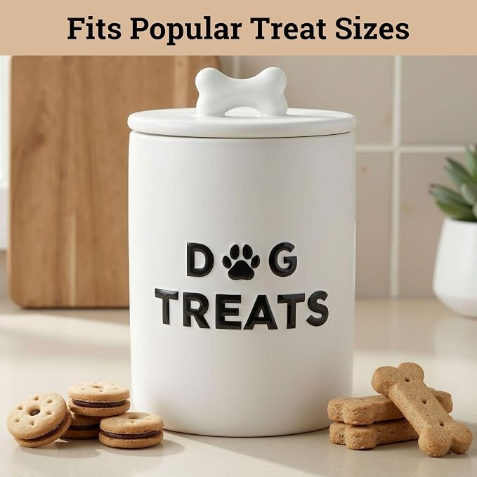 Ceramic Dog Treat Container Airtight - Ceramic Lid - 4 Cups - 4.3"W x 6.6"H | Airtight Ceramic Lid, Ceramic Bone Handle, Food Safe, Easy to Wash, Sturdy, Dishwasher Safe, Raised Design, 4 Cup Capacity