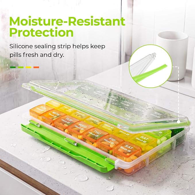 AUVON Moisture-Proof Monthly Pill Organizer, Large 28-Day Compartments | Pill Box Case with Removable 4 Weeks Medication Organizer Rows for Fish Oils, Vitamins, Supplements, Medications, BPA-Free