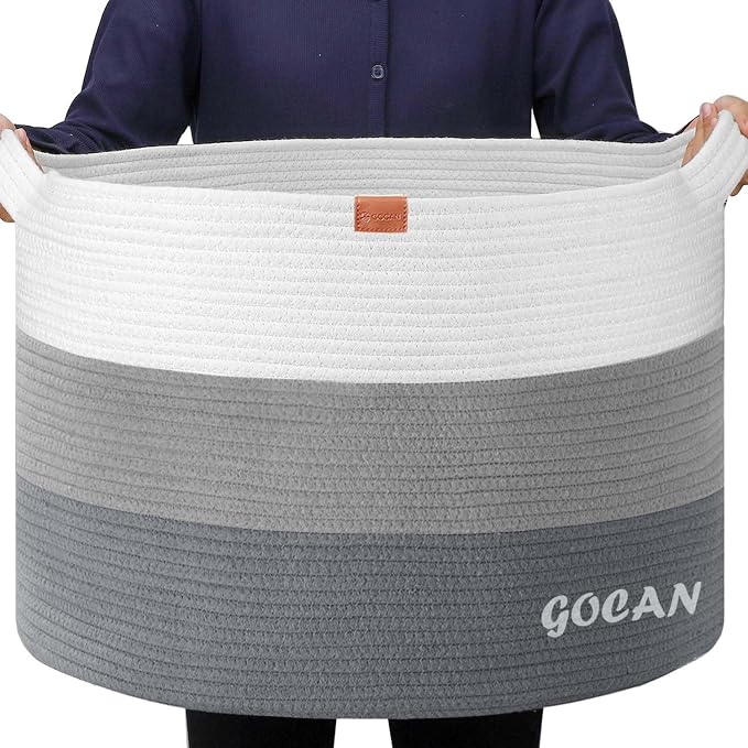 Cotton Rope Woven Laundry Basket 22"X 22"X 14" with handles(Mixed Grey)XXXL | Hand-woven, ideal for storing blankets and cushions in the living room, and clothes for household storage.