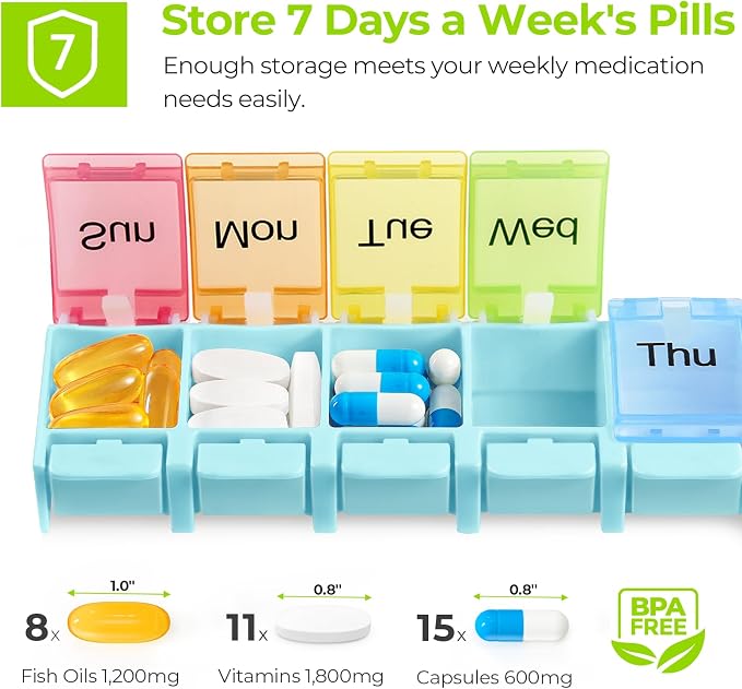 AUVON Weekly Pill Organizer Arthritis Friendly, BPA Free Travel 7 Day Pill Box Case with Spring Open Design and Large Compartment to Hold Vitamins, Cod Liver Oil, Supplements and Medication