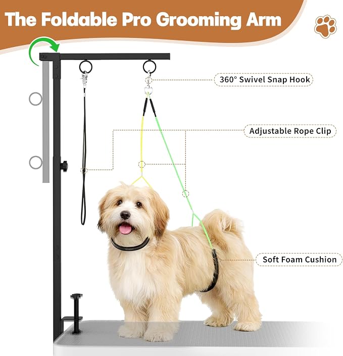 Dog Grooming Table Arm, 31.5"-43.3" Adjustable Pet Stand with Hammock & Clips – 3-in-1 Grooming Kit for Nail Trimming, Haircut & Drying, Home Supplies for Small Dogs