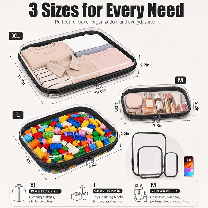 3 Pack Clear Hard Shell Zipper Case (1XL + 1L + 1M, Black) | Travel Toiletry Bag, Waterproof 1.2mm PET Hard Plastic Pouches, Organizer Box for Makeup, Toy, Snack, Stationery, Diaper