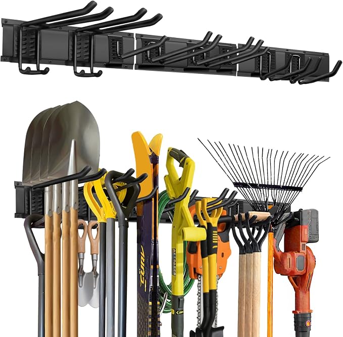 Garage Tool Organizer Wall Mount, 48in Tool Rack, 420LBS Capacity | Thick Steel, 3 Panels, 8 Movable Hooks in 4 Types, Rustproof Waterproof, Soft Anti-Scratch Hooks, Garden & Lawn Tool Storage
