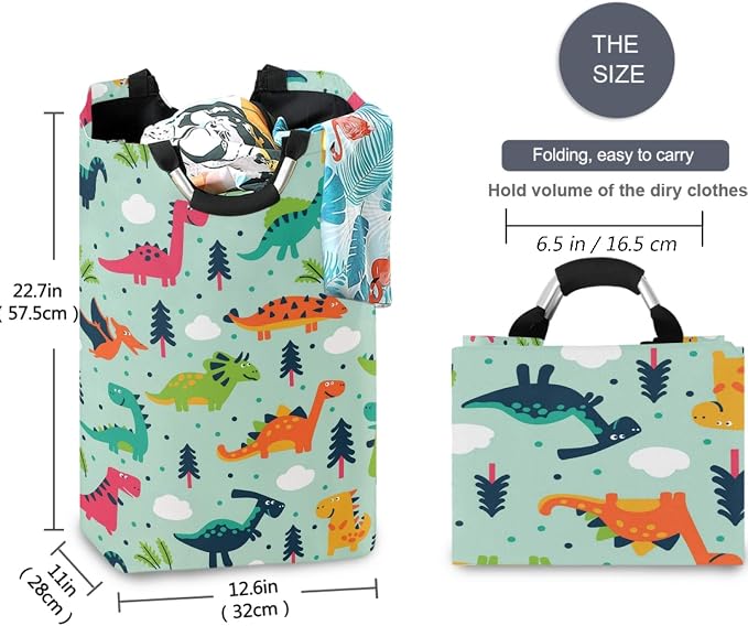visesunny Collapsible Laundry Basket Dinosaur Cloud Tree Dot Large Laundry Hamper with Handle Toys and Clothing Organization for Bathroom, Bedroom, Home, Dorm, Travel