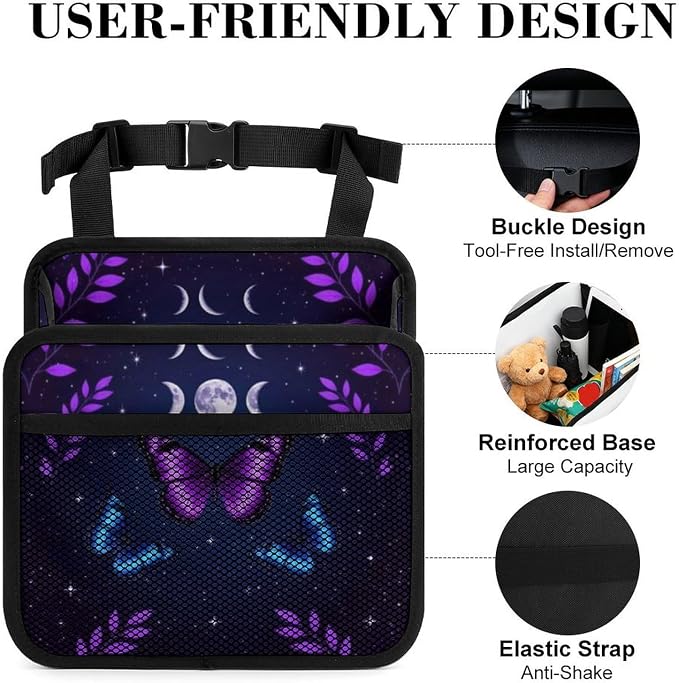 Car Organizer Bag for Back Seat Hanging Storage Bag with Pockets, Magic | Moon Moth Butterfly Mystical Goth Astrology Art, PU Leather Auto Trash Bag Travel Accessories, Leakproof and Waterproof