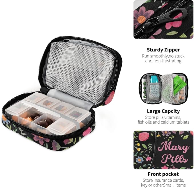 Custom Pill Box 7 Day Pill Case Bag Floral Flowers Personalized Name Travel Pill Organizer Bag with Zipper Portable Weekly Case Compact Size for Vitamin Supplement Holder