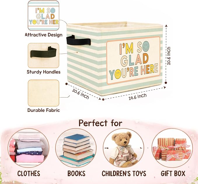 Welcome Storage Bin, Foldable Fabric Basket for Kids Room Classroom | Foldable fabric storage bin with welcome quote design for toys, books, clothes, nursery, classroom, and playroom use.