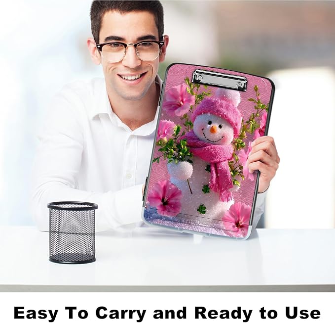 A4 Clipboard with Storage Pen Holder, Clipboards Organizer Nursing Clipboard Foldable File Folder Plastic Clipboard Folio Clip Board for Office Work Classroom Doctor, Pink Flower Snowman