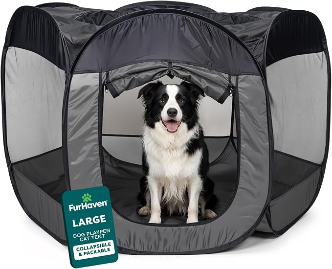 FurHaven Soft-Sided Dog & Cat Playpen, Portable Foldable Indoor & Outdoor Pet Playpen with Mesh Windows & Zippered Door, Gray, Large