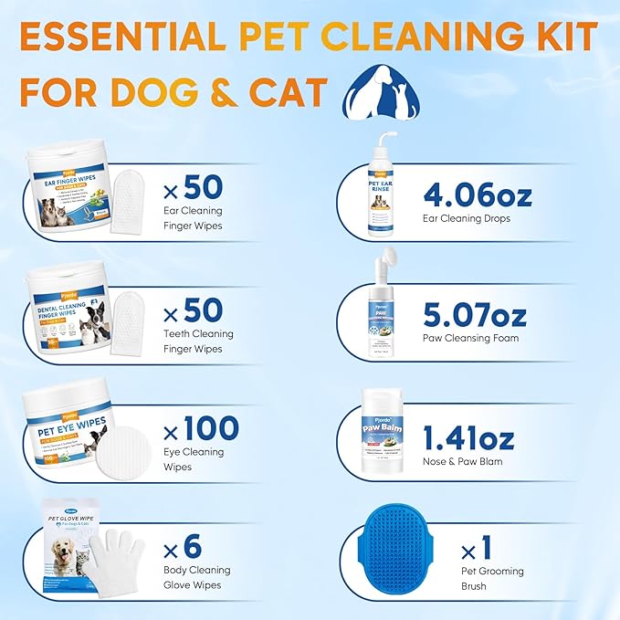 Pjordo Dog Wipes Cleaning Deodorizing, Grooming Wipes & Paw Cleaner, Pet Cleaning Kit for Teeth, Ears, Eyes, Paw, Body, Ear Rinse, Essential Dog Supplies Set