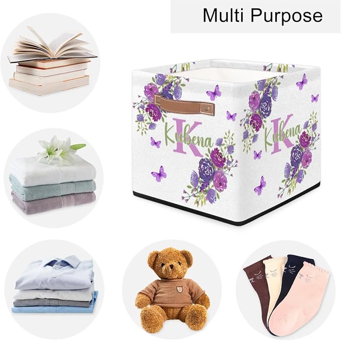 Personalized Name-Initial Purple Flower Storage Baskets for Girls Women, Custom Portable Square Storage Bins with Handles Foldable Organizer for Toys, Clothes, Blanket,Towel, Pet 13”