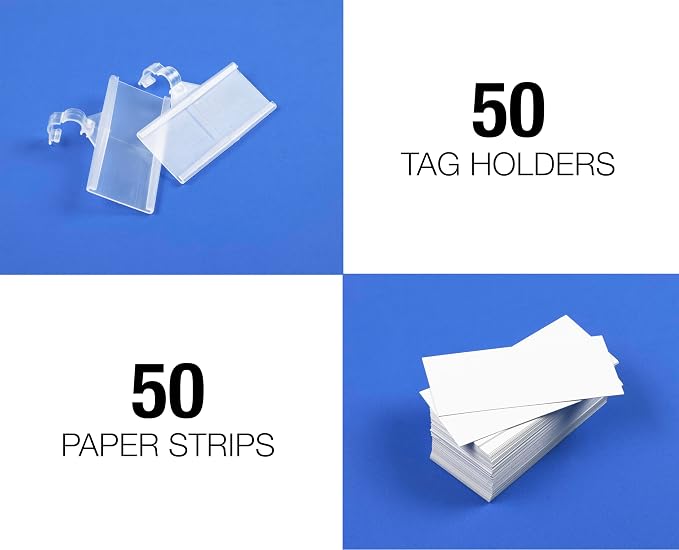 Pack of 50 - Plastic Wire Shelf Label Holder, Sign and Ticket Holder, Easy Clip Design with Tight Snap Lock Closure. Height, 1-1/4" X Width, 3" | "50 Label Inserts Included"