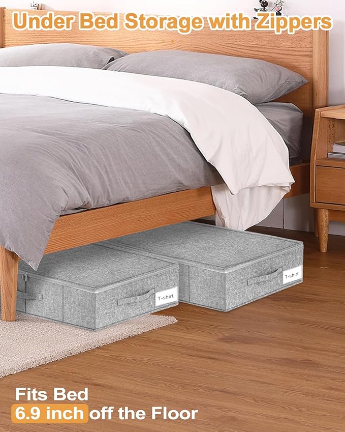 punemi 6.7 in High Under Bed Storage Container with Zipper Lid, 3Pack, Grey | Clothes Storage Bags with 3 Handles & Zippered Lids, Stackable Design, for Clothes, Blankets & Shoes, Ideal for Closet