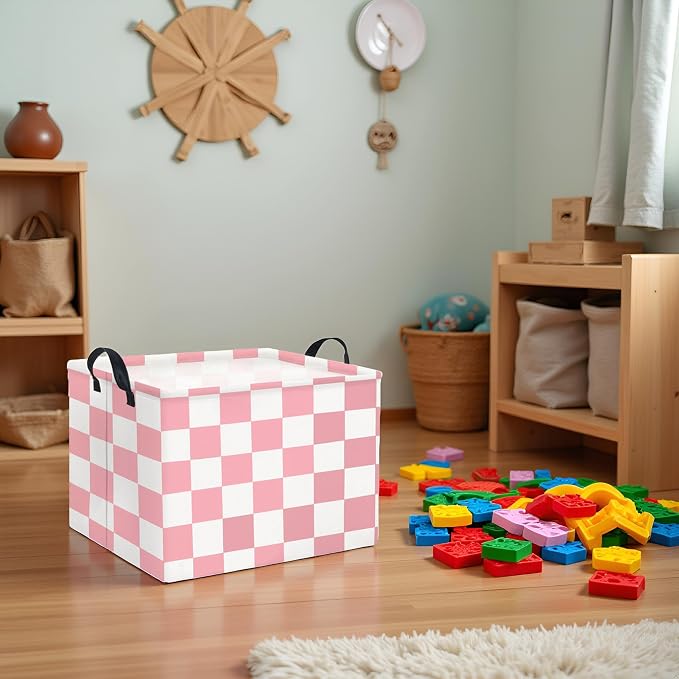 Rectangular Baby Girl Basket Fabric Storage Basket Storage Bin Organizer Box Room Decor(Pink Checkered)