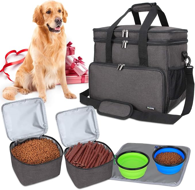 Teamoy 2 Layer Dog Travel Bag, Pet Supplies Weekend Tote Organizer, Black | Large Dog Bag for Supplies with 2 Silicone Collapsible Bowls, 2 Food Carriers, 1 Water-Resistant Placemat