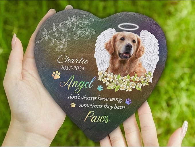 Wrappiness Pet Memorial Stone - Angels Sometimes Have Paws, Personalized Dog Memorial Gifts, Remembrance Condolences Bereavement Gifts for Loss of Pet Custom Photo (Heart 07, Stone with Stand)
