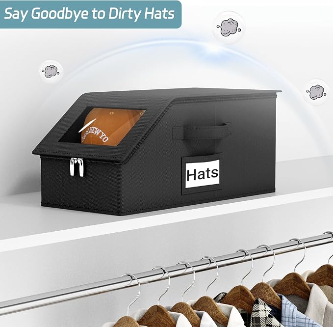 AOODA Stackable Hat Storage Box for Baseball Caps, Holds 12 Caps | Hat Organizer for Closet, Sturdy Hat Boxes for Men, with Cardboard, Space-Saving, Pure Black