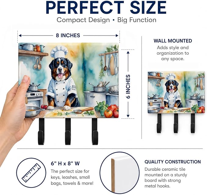 Caroline's Treasures Bernese Mountain Dog The Chef Leash or Key Holder Wall Hooks, Key Hooks Holder, Coat Rack Wall Mount, Coat Hooks, Hooks for Hanging Keys, Towels, Aprons, Leashes | Bernese Mountain Dog The Chef artwork on ceramic tile with three st...