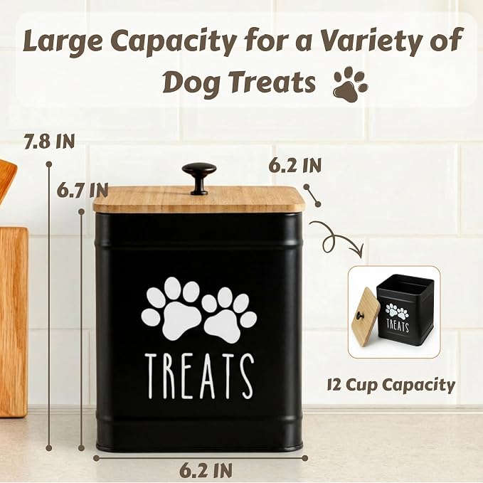 PERFNIQUE Dog Treat Container, Airtight Dog Treat Jar, Dog Cookie Jar for kitchen Counter, Pet Treat Container, Dog Food Storage, Treat Jars for Pets, Cat Treat Container, 7.8''x6.2 (Black)