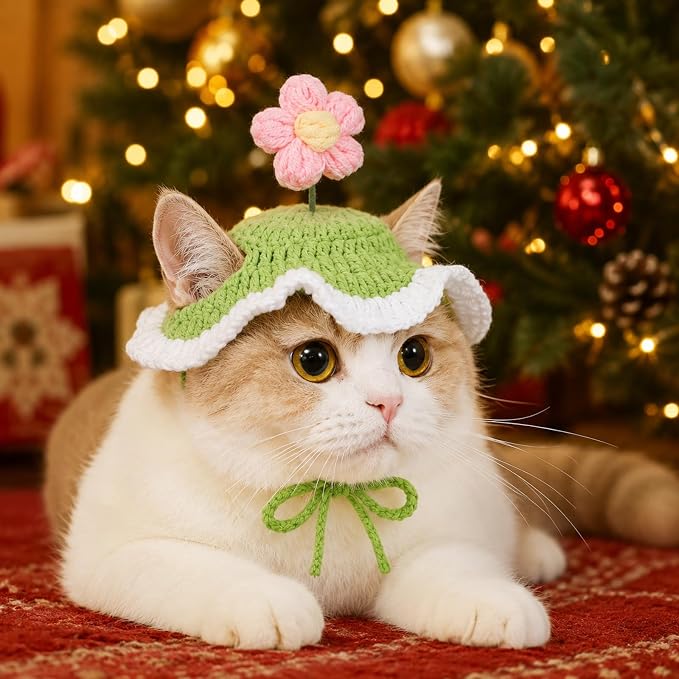 Flower Cat Hat, Green Cotton & Soft Cute Knitted Hats for Cats | Halloween Christmas Holiday Party Clothes Birthday Party Puppy Hat for Small Pets, Holiday & Photo Outfit