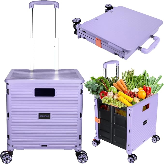 Foldable Utility Cart Portable Collapsible Crate Rolling Carts with Wheels Rolling Tote Basket Teacher Cart with Lid Wear-Resistant 360°Rotate Wheel Noiseless for Shopping Storage Office Use