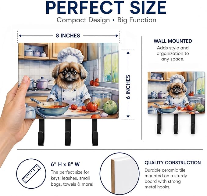 Caroline's Treasures Pekingese The Chef Leash or Key Holder Wall Hooks, Key Hooks Holder, Coat Rack Wall Mount, Coat Hooks, Hooks for Hanging Keys, Towels, Aprons, Leashes | Pekingese The Chef artwork on ceramic tile with three steel hooks for keys, le...