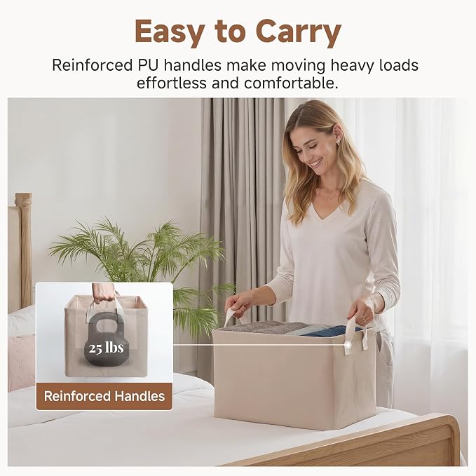 StorageWorks Fabric Storage Bins, Closet Bins, Light Brown, 2-Pack | With PU Handles, Wrinkle-Resistant Cottlyn Fabric, Foldable, For Bedroom, Bathroom, Laundry, Holds Clothes, Towels, Blankets