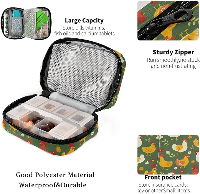 Fustylead Colorful Cute Cartoon Chicken Rooster Hen Travel Pill Case Bag with Zipper Weekly Pill Box 8 Compartments 7 Day Personal Pill Case Purse Medicine Case Organizer