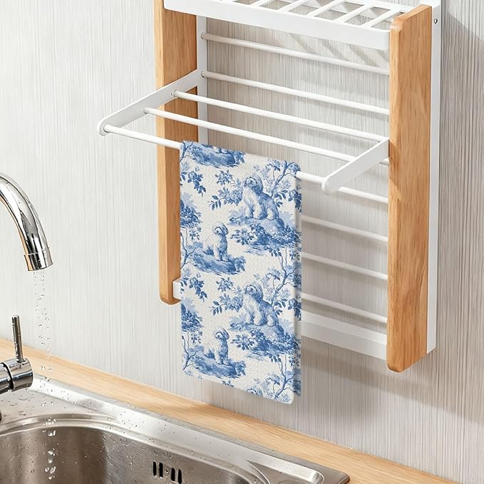 Bichon Frise Kitchen Dish Towels,Blue and White Floral Dog Towel Dish Tea Towels, Chinoiserie Decor for Kitchen Bathroom,Bichon Frise Gifts for Dog Lover Mom Dad,16x24 Inch