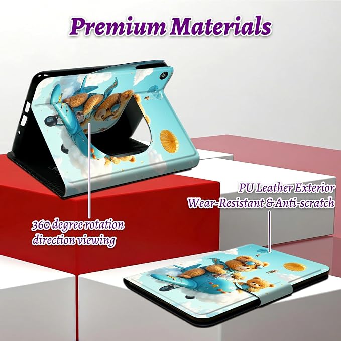 Rotating Handle Case for Samsung Galaxy Tab A8 10.5" 2022 (SM-X200/X205/X207), 360 Degree Swivel Kickstand with Magnetic Closure Shockproof Leather Cover for Women Men, Airplane Bear