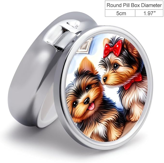 Two Pet Dog Metal Round Pill Box, 3 Compartment Travel Organizer, Portable Pill Container with Secure Latch, 2 Inch Circular Vitamin Caddy for Pills and Vitamins, Gift for Him Her Elderly