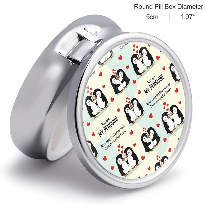Round Pill Box, You are My Penguin Portable Travel Organizer, Metal Case with Mirror, Pocket Purse Container for Supplements