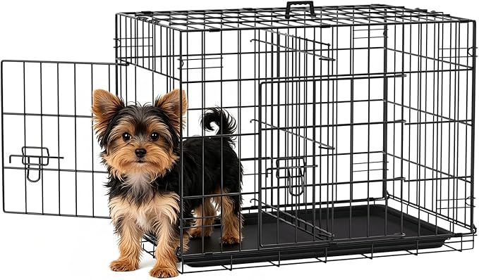 FDW | 24" Foldable Metal Dog Crate | Black | Cage for Small Dogs | Heavy Duty, Portable Wire Kennel with Double Door, Divider & Leak-Proof Tray | For Training, Home, Travel Indoor/Outdoor Use